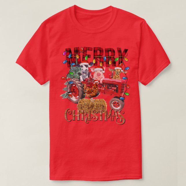 T-shirt Merry Christmas Tree Red Tractor Lighting Farmer C (Design devant)