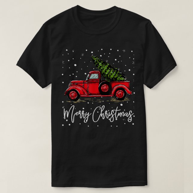T-shirt Merry Christmas Truck Red With Tree Funny Xmas Paj (Design devant)