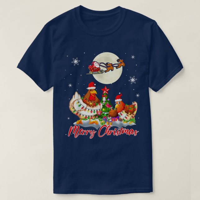 T-shirt Merry Christmas Two Santa Chickens Xmas Tree Light (Design devant)