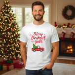 T-shirt Merry Christmas Y'all Vintage<br><div class="desc">Joyeux Noël Y'all - Aquarelle Vintage Camion rouge avec T-shirt homme sapin de Noël</div>