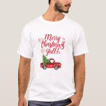 T-shirt Merry Christmas Y'all Vintage<br><div class="desc">Joyeux Noël Y'all - Aquarelle Vintage Camion rouge avec T-shirt homme sapin de Noël</div>