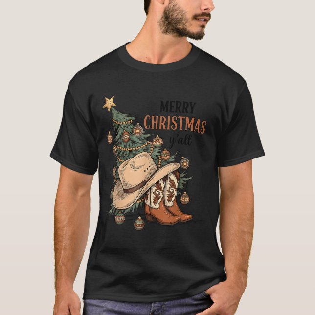 T-shirt Merry Christmas Y'all Western Cowboy Boots Hat Xma (Devant)