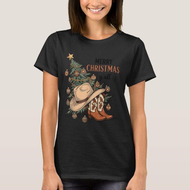 T-shirt Merry Christmas Y'all Western Cowboy Boots Hat Xma (Devant)