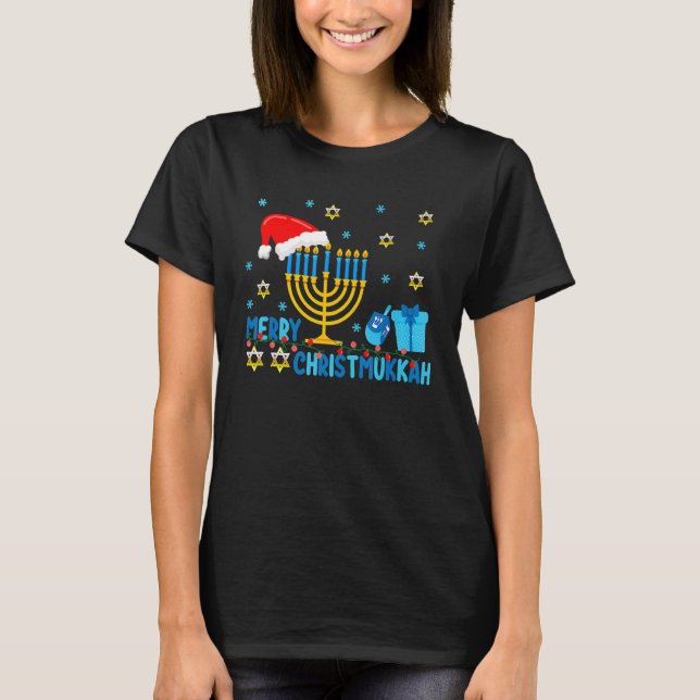 T-shirt Merry Christmukkah Hanukkah Holiday  Light Santas  (Devant)