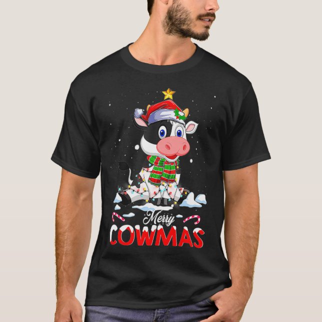 T-shirt Merry Cowmas Funny Vache Santa Hat Noël PJs Xma (Devant)