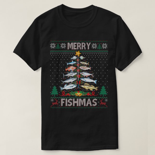 T-shirt Merry Fishmas Doux moche Poisson Pêche Rod Christ (Design devant)