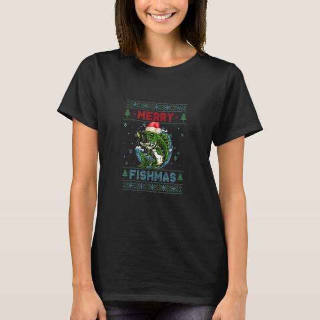 T-shirt Merry Fishmas Fishing Ugly Christmas Large Mouth B (Devant)