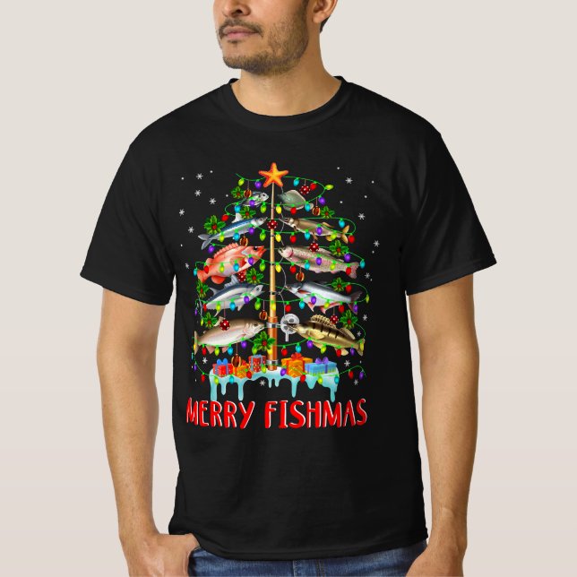 T-shirt Merry Fishmas Funky Christmas Tree Lights Poisson (Devant)