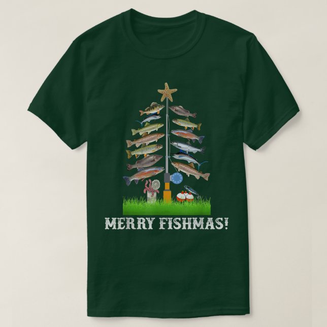 T-shirt Merry Fishmas Tee Christmas Tree Fish Drôle Pêche (Design devant)