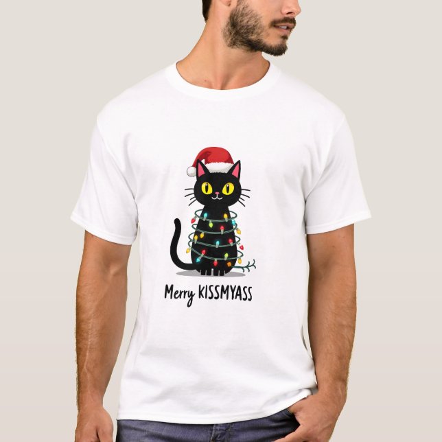 T-shirt Merry Kissmyass Funny Cat Christmas Lights Premium (Devant)