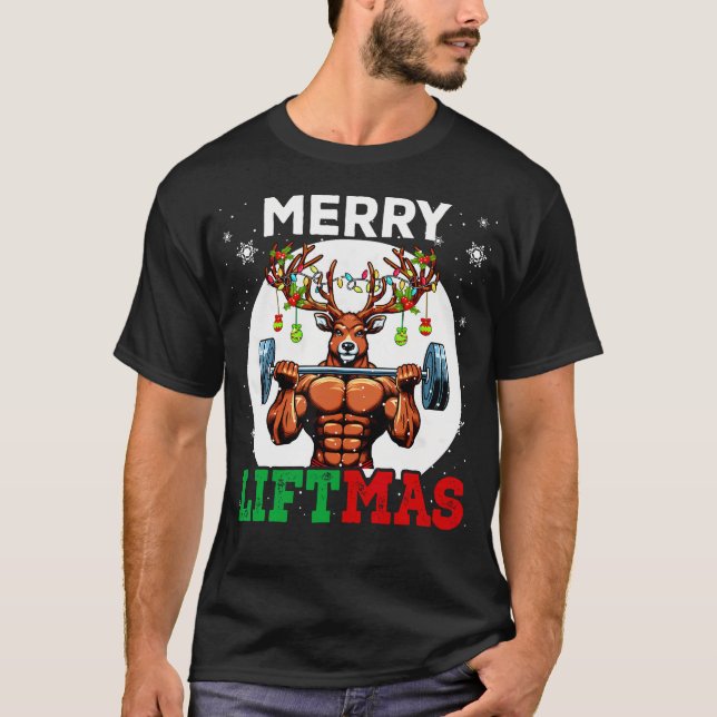 T-shirt Merry Liftma'S Christmas Reindeer Weightlifting Gy (Devant)