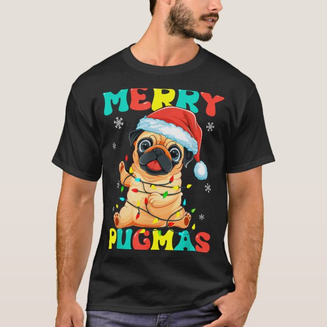 T-shirt Merry Pugmas Pug Christmas Santa Pug Xmas Lights D (Devant)