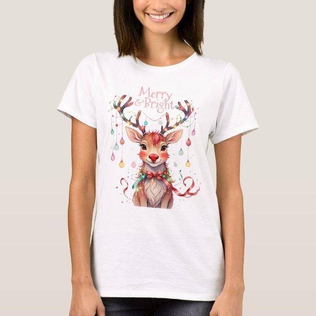 T-shirt Merry Reindeer Rudolph et les lumières de Noël (Devant)