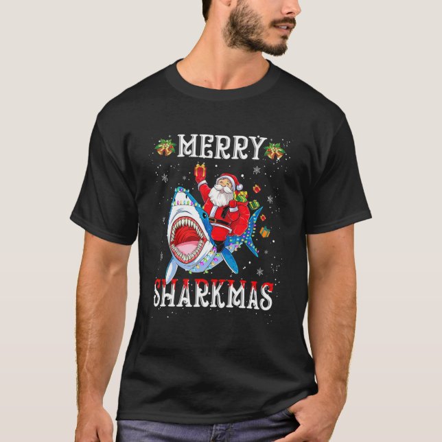 T-shirt Merry Sharkmas Père Noël Ride Shark laide Noël lai (Devant)