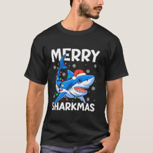T-shirt Merry Sharkmas Santa Chapeau Lumières Drôle Noël S