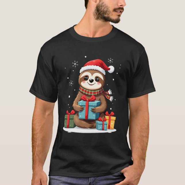 T-shirt Merry Slothmas cute Christmas sloth Santa hat Xmas (Devant)