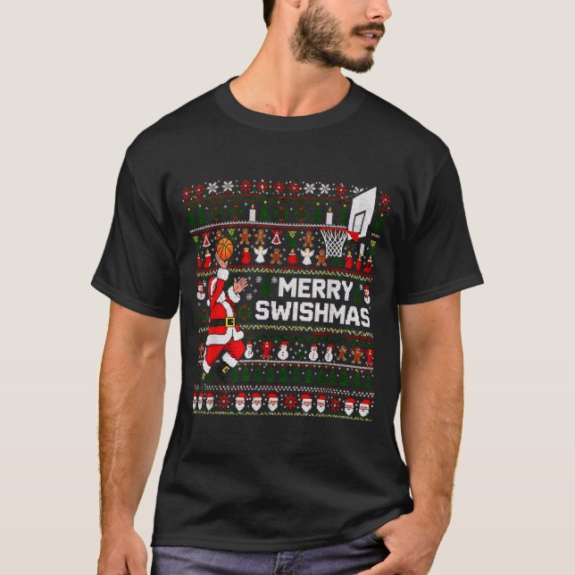 T-shirt Merry Swishmas Santa Basketball Ugly Sweater Style (Devant)