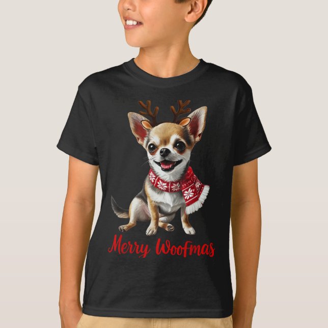 T-shirt Merry Woofmas Chihuahua Dog Meme In Reindeer Antle (Devant)