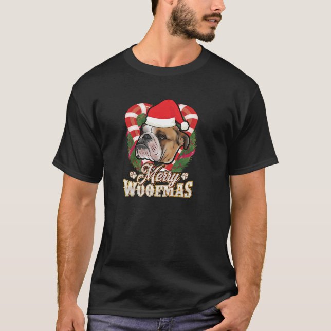 T-shirt Merry Woofmas English Bulldog avec Casquette du Pè (Devant)