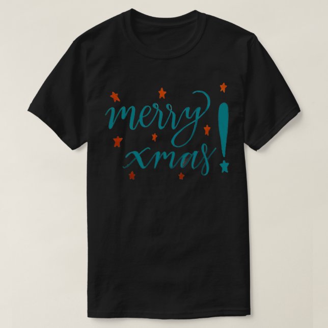 T-shirt Merry Xmas Calligraphie avec étoiles (Design devant)
