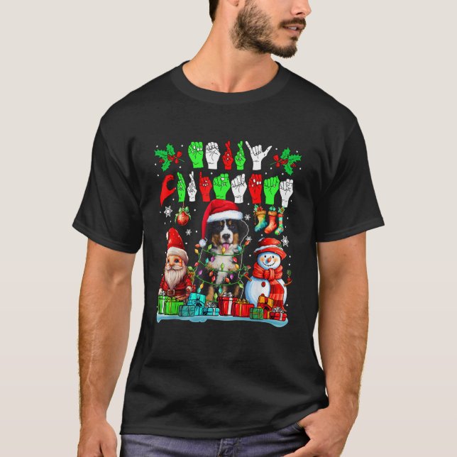 T-shirt Merry Xmas Hands Sign Language Santa Bernese Mount (Devant)