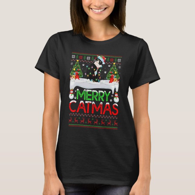 T-shirt Merry Xmas Tree Lights Santa Ugly Black Cat Christ (Devant)