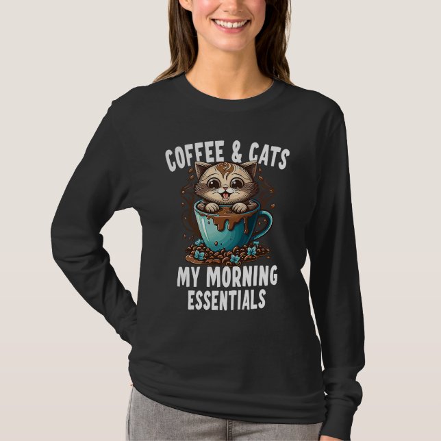 T-shirt Mes essentiels du matin café et chats (Devant)