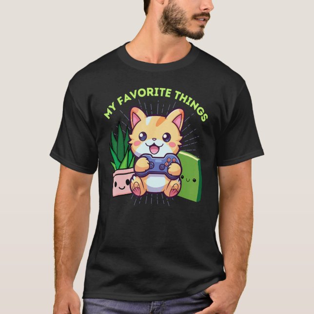 T-shirt Mes Objets Préférés Jeu Vidéo Chat Plantes Livres  (Devant)