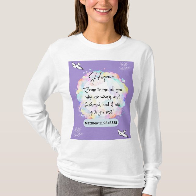 T-shirt Message d'espoir - Matthieu 11-28 - Long Manche Bl (Devant)