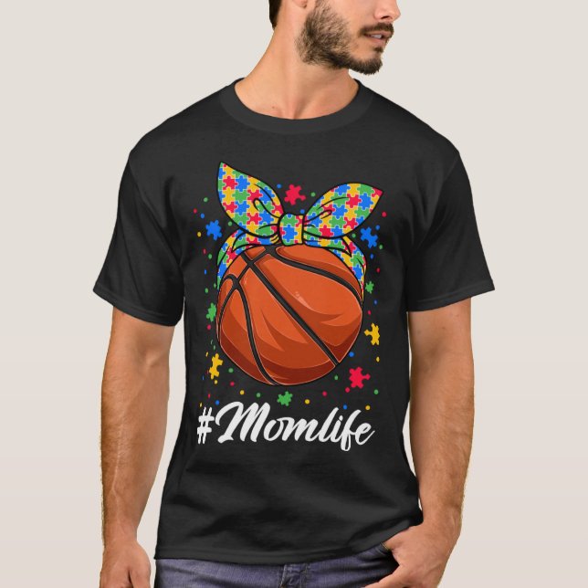 T-shirt Messy Bun Basketball Ball Puzzle Maman Vie Autisme (Devant)