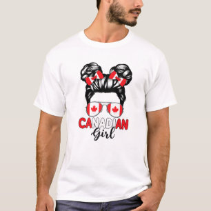 T-shirt Messy Bun Canadian Girl Maple Leaf Canada Flag Sun