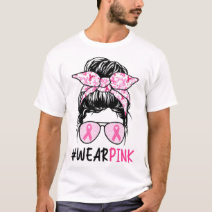 T-shirt Messy Bun Gles Porter Rose mignon Cancer du sein L