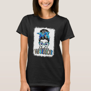 T-shirt Messy Bun Leopard Blue Ribbon Diabetes Guerrier