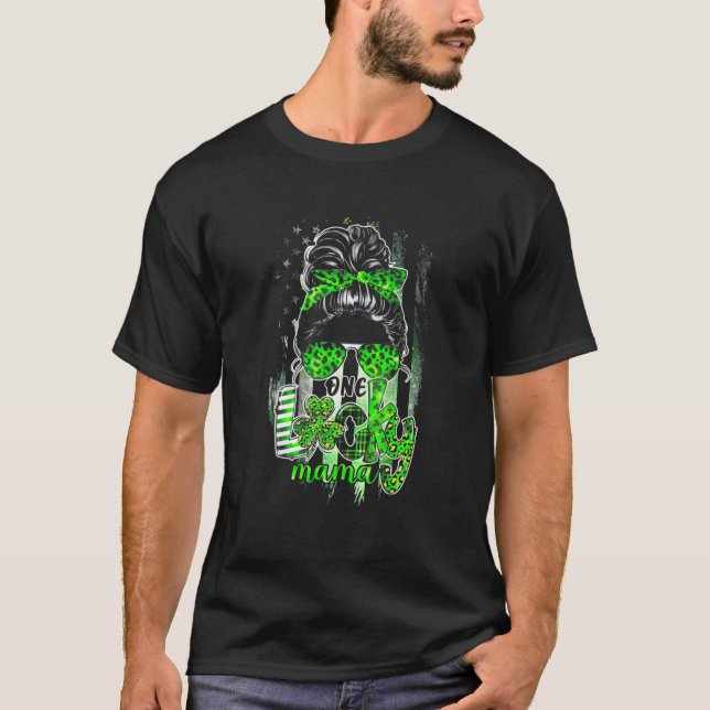 T-shirt Messy Bun Leopard Plaid St Patrick's Day One Lucky (Devant)
