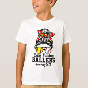 T-shirt Messy Bun Maman Des Deux Baseball Softball Busy Ra