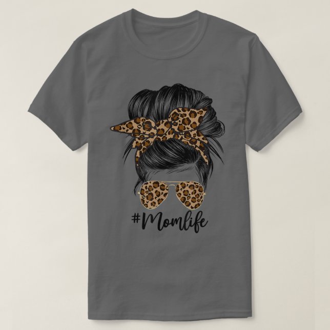 T-shirt Messy Bun Maman Leopard Messy Hair Bun Moms Life C (Design devant)