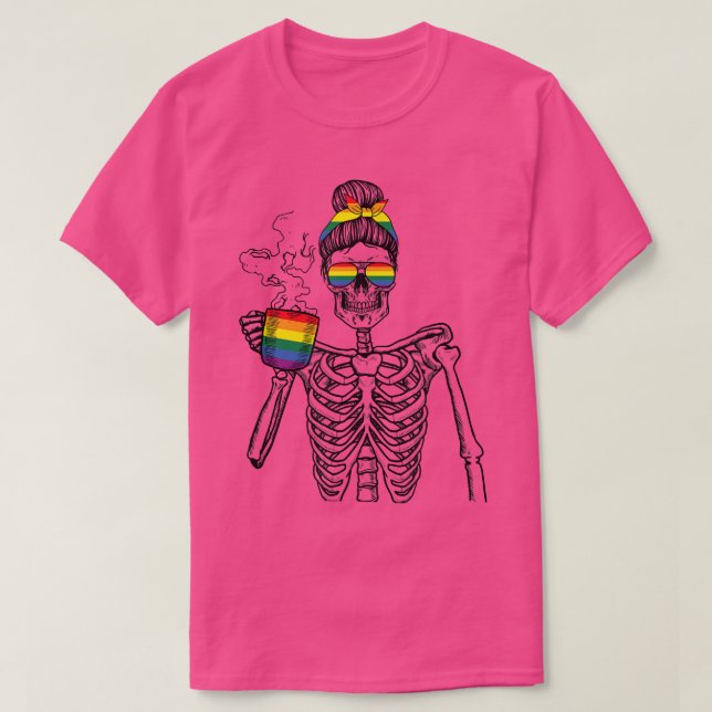 T-shirt Messy Bun Skeleton Boire Café Rainbow Drapeau Pr (Design devant)