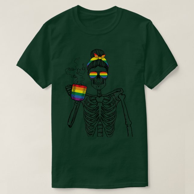 T-shirt Messy Bun Skeleton Boire Café Rainbow Drapeau Pr (Design devant)