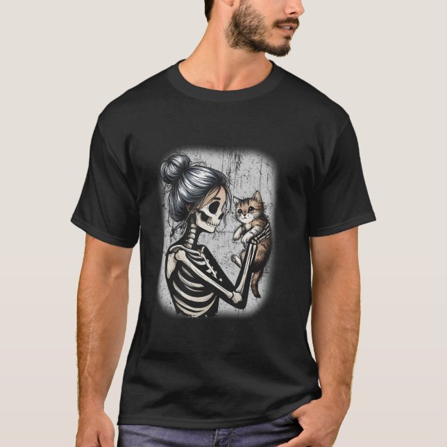 T-shirt Messy Bun Skeleton Cute Kitten Amoureux de les cha (Devant)