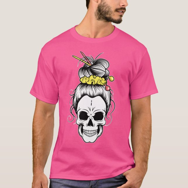 T-shirt Messy Bun Skull Shirt Women'S Grandma Knitting Hal (Devant)
