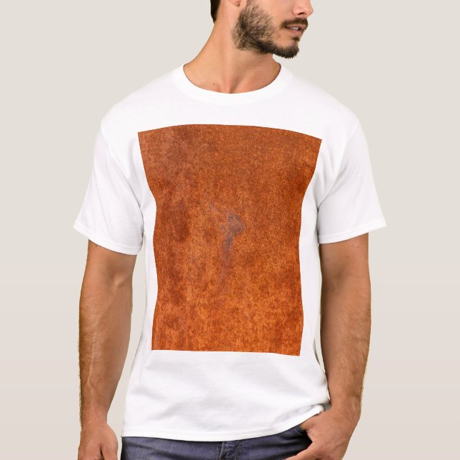 T-shirt métal rouillé patiné : texture orange-rouge. (Devant)