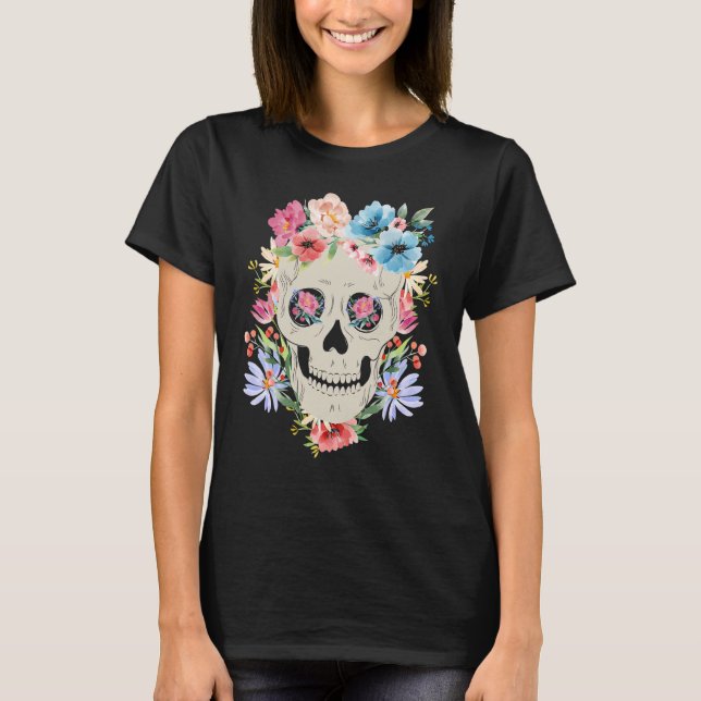 T-shirt Mexican Skull with Flowers for the Day of the Dead (Devant)