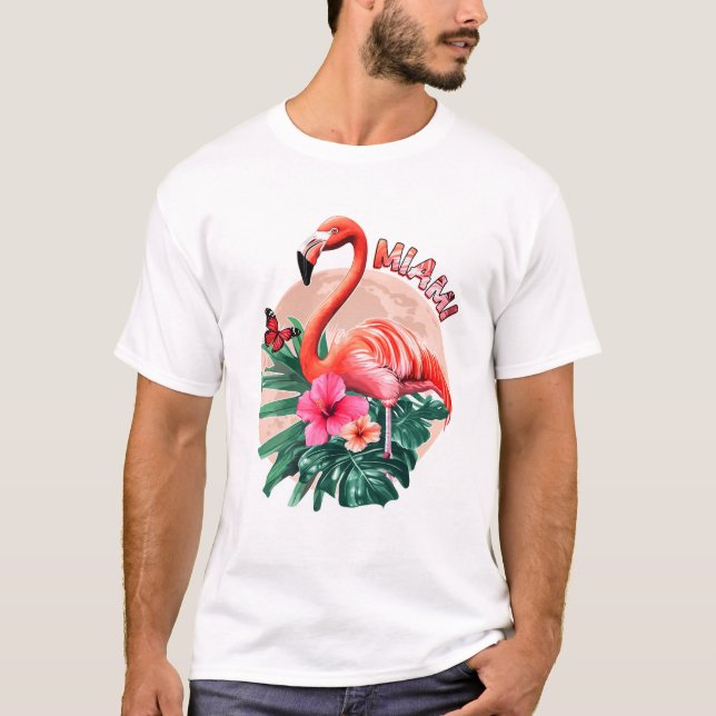 T-shirt Miami Beach Floride Flamant rose Sunset Fleurs Mia (Devant)