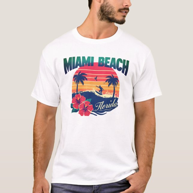 T-shirt Miami Beach Surfer Sunset Hibiscus Floride Voyage (Devant)