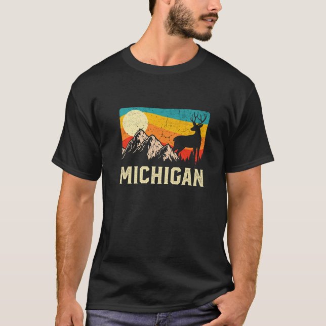 T-shirt Michigan Nature Wild Deer Retro Sunset Randonnée (Devant)