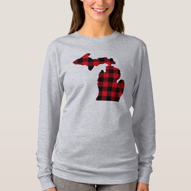 T-shirt Michigan Rouge-Noir Carte Plaid Tee à manches long (Devant)