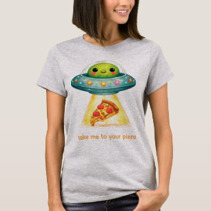 T-shirt Mignon Alien Enlevant une Pizza Drôle Amateur de N
