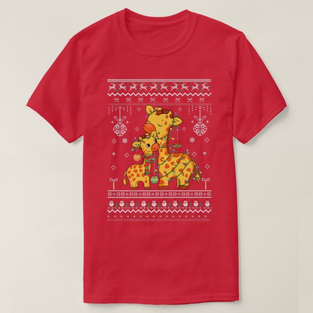 T-shirt mignon amoureux de Giraffe Xmas Lumières laides mo (Design devant)