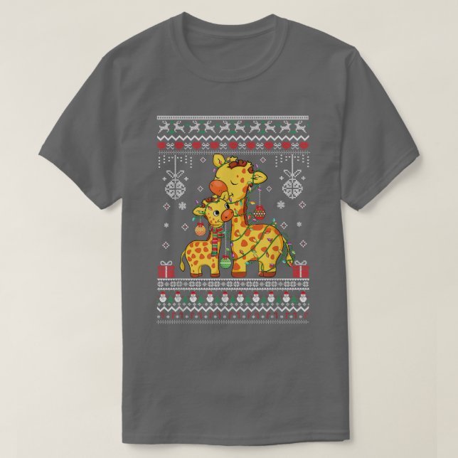 T-shirt mignon amoureux de Giraffe Xmas Lumières laides mo (Design devant)