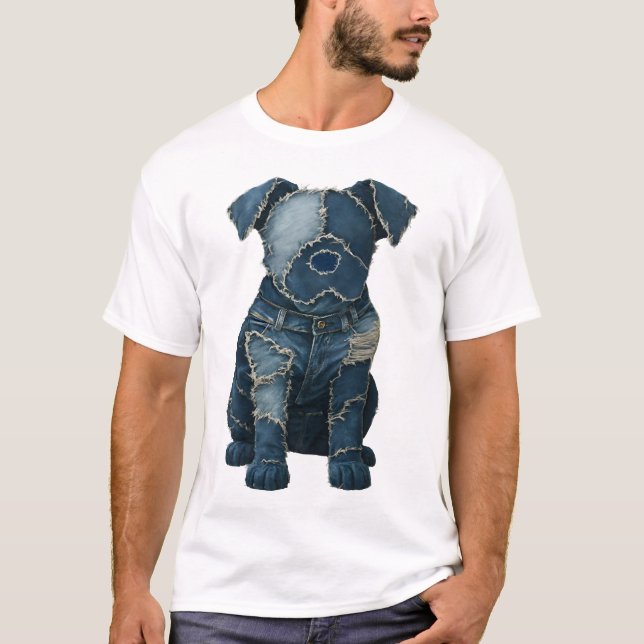 T-shirt mignon avec patchwork en jean et chien (Devant)